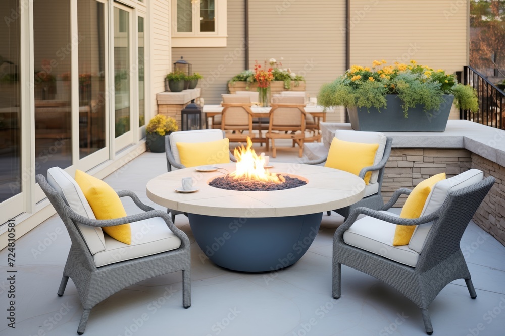 terrace with table and chairs surrounding a gas fire pit