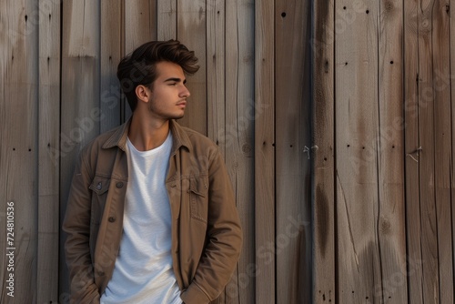 Young man leaning against wooden wall, looking away 