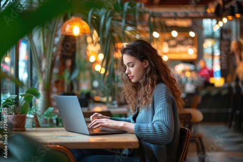 Young woman sitting at a table at a coffee shop working on her laptop. 