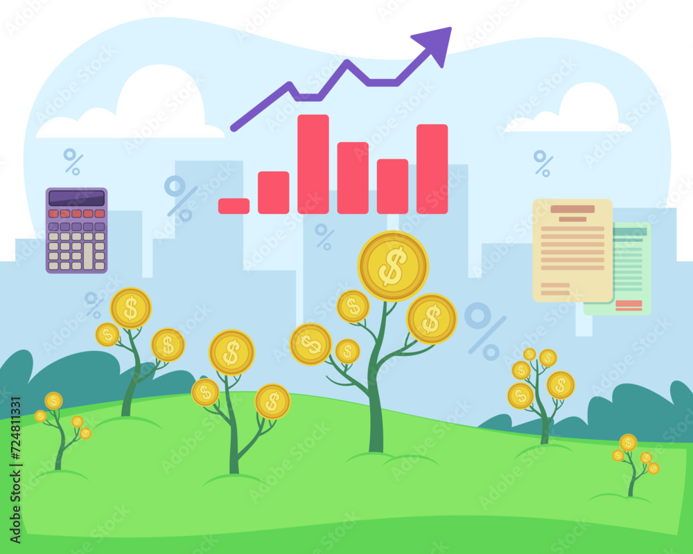 Money trees vector illustration. Interest rate, calculator, investment agreement, diagram with growing income. Money investment, dividend income concept
