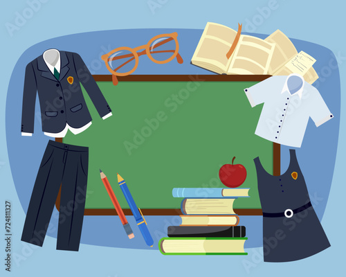 School uniform vector illustration with books, pen, pencil and blackboard on background. Schoolchildren must wear school uniforms concept