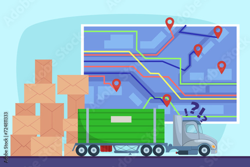 Truck with many parcels to deliver vector illustration with route map on background. Delivery failures due to high workload concept 