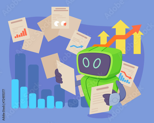 Robot sorting and analyzing documents vector illustration. Graphs and diagrams on background. Artificial intelligence in data sorting concept