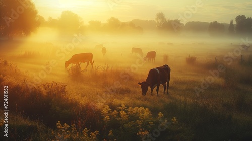 Meadows full of grazing cows with morning fog