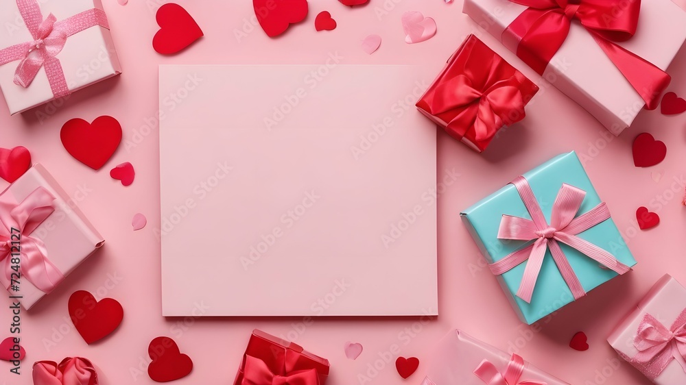 stencil image for text for Valentine's Day. gift box wrapped with ribbon and paper red hearts