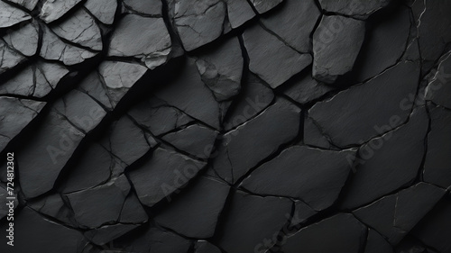 Volumetric rock texture with cracks. Black stone background with copy space for design. 