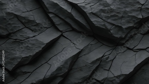 Volumetric rock texture with cracks. Black stone background with copy space for design. 