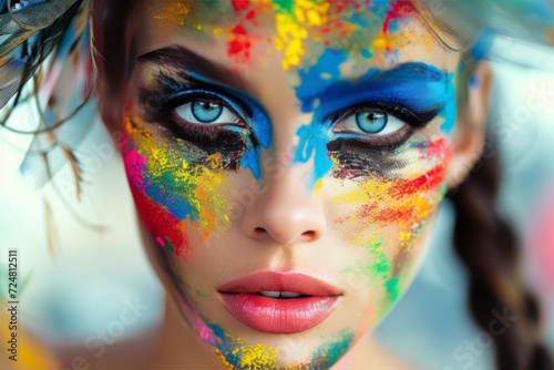 A captivating woman's portrait captures the bold and playful essence of makeup, with vibrant colors adorning her face in a mesmerizing display of cosmetics