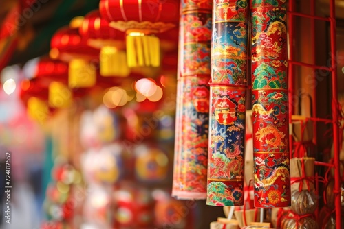 Close up red firecrackers hanging in front of the house. Chinese New Year decorations and symbols.