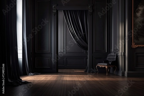 A wood floor and a modern classic black interior wall with moldings, curtains, and a hidden entrance. mock up for an illustration photo