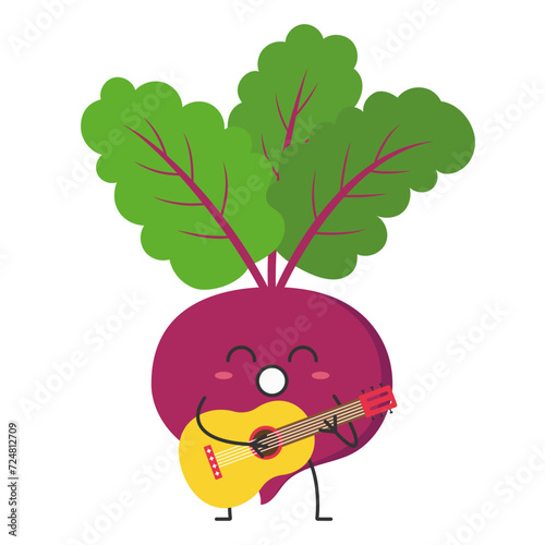 Beet character cartoon plays the guitar sings joy cute smile face vegetable beautiful vector illustration.