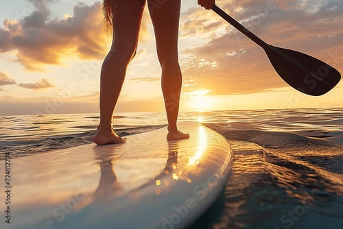 As the sun sets over the ocean, a solitary figure stands atop their surfboard, paddle in hand, ready to conquer the waves and embrace the beauty of the outdoors © Pinklife