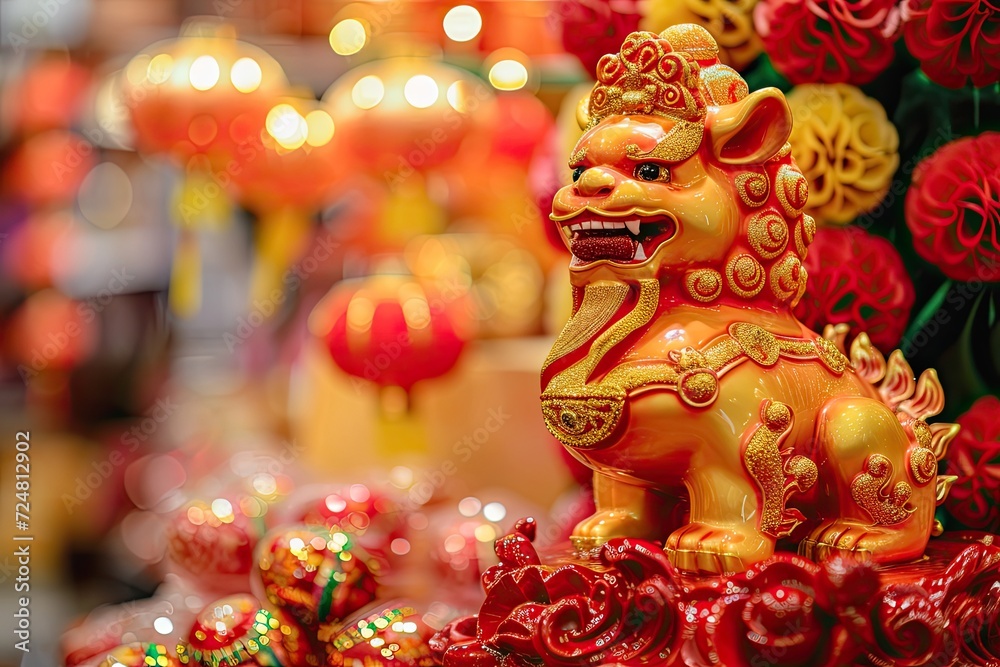 Chinese lion statue inside a Chinese temple