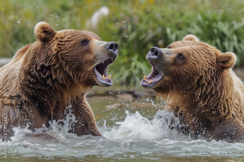 Obraz premium Two majestic brown bears frolic and splash in the cool river water, embodying the wild and free spirit of terrestrial mammals in their natural outdoor habitat