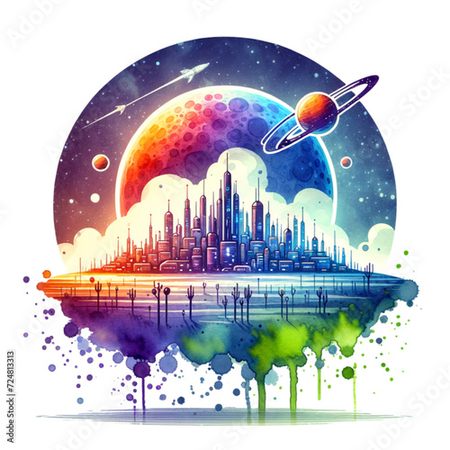 Intergalactic Metropolis - Watercolor Alien Cityscape Collection, Clipart Set for Sci-Fi Enthusiasts, SVG Transparent Background
