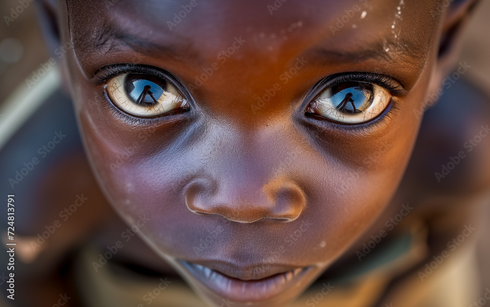 An hungry, poor African child looking at the camera, framed from above