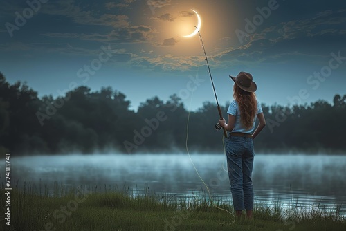 A lone figure embraces the tranquility of nature as she stands amidst a serene landscape, her gaze fixed on the mesmerizing glow of the moon reflecting on the tranquil lake, with a sturdy pole in her © Pinklife