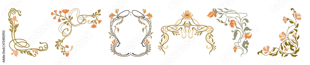 Art Nouveau floral frames, corners, and borders. Vector.