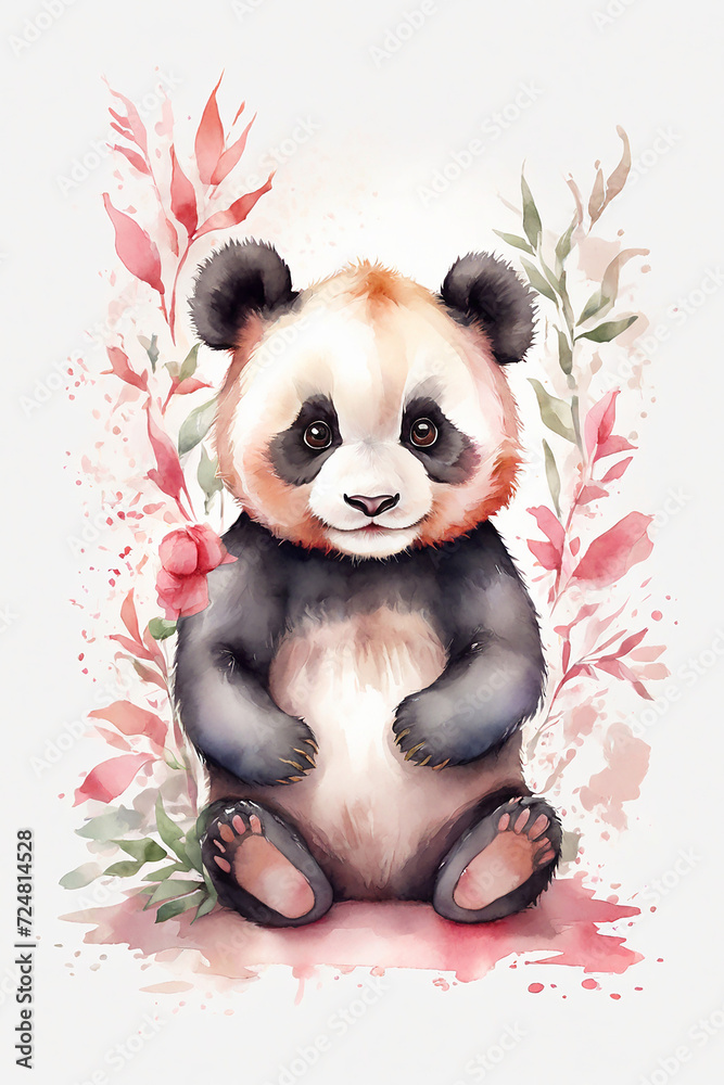 Fototapeta premium Watercolor illustration of a cute little panda white background