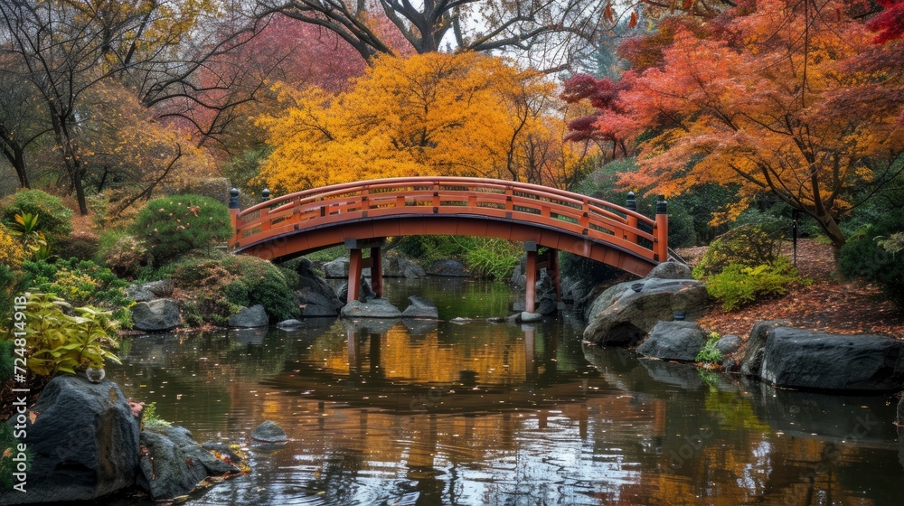 A bridge going over a pond in a small Japanese Garden during a very colorful Autumn
