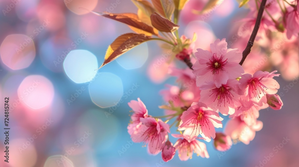 a close up of single leaf Pink Japanease cherry tree, sky blue bokeh background