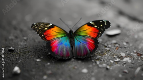 A butterfly colored in all the colors of the rainbow, vigor wings and very attractive, placed on a black and white, monochrome background with copy space