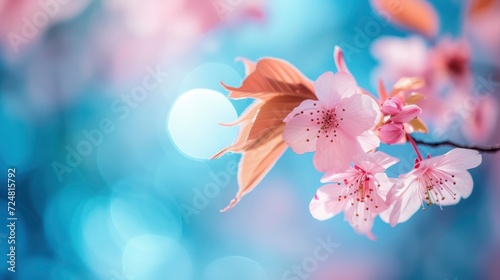 a close up of single leaf Pink Japanese cherry tree, sky blue bokeh background