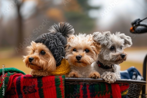 A playful pack of diverse toy dog breeds, including yorkipoos, schnoodles, and cockapoos, snuggled together in a cozy outdoor basket, exuding pure joy and companionship as they bask in the sunshine photo