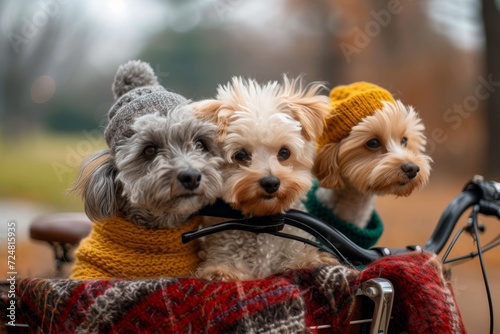 Adorable toy dogs of various breeds, including yorkipoos and labradoodles, sit outside wearing cozy hats and scarves, showcasing their playful personalities and love for fashion photo