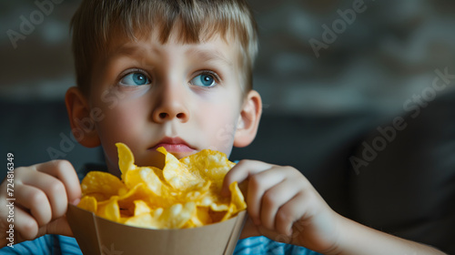 Boy Eating Unhealthy Snack Potato Chips Looking Thoughtful