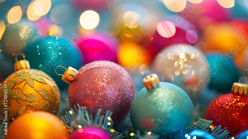 Sparkling Christmas Ornaments Closeup Colorful Holiday Decorations with Festive Lights Bokeh Background