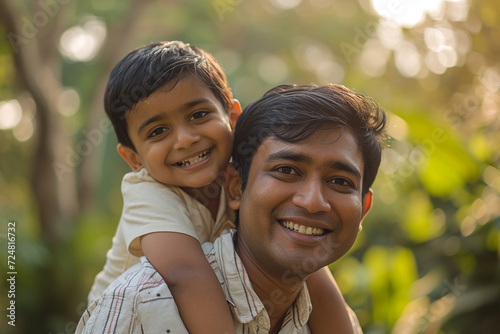 indian father giving piggyback to his son bokeh style background