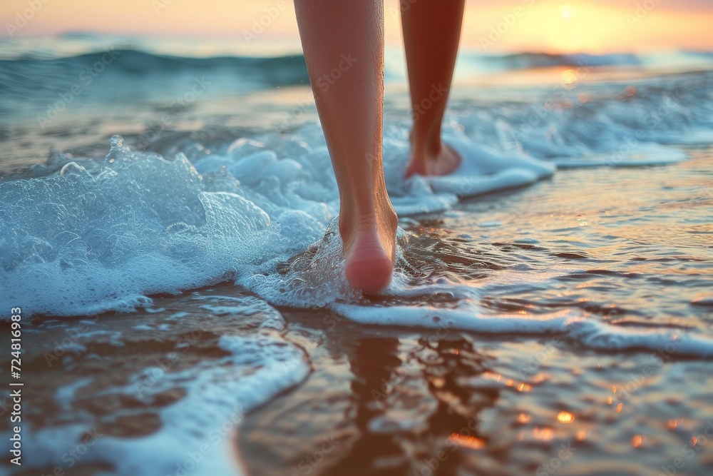 A lone figure strolls barefoot along the water's edge, their feet sinking into the damp sand as the gentle waves of the ocean caress the shore A lone figure strolls barefoot along the water's edge, their feet sinking into the damp sand as the gentle waves of the ocean caress the shore