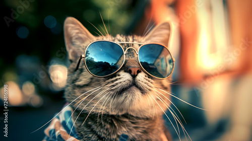Cool Cat Wearing Sunglasses Reflecting Urban Scene Feline Fashion Concept © John