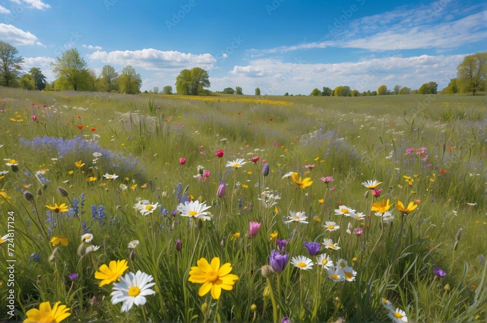Beautiful view of a flower meadow in spring against blue sky