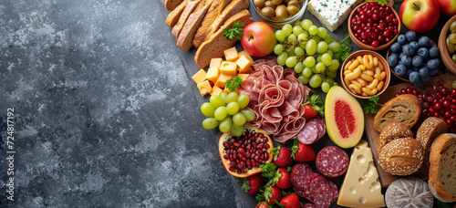 Flat lay with a continental breakfast - an assortment of fruits, berries, cheeses and bread on a concrete background with space for text