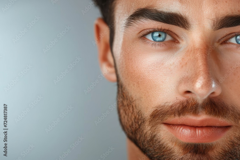 Fototapeta premium A rugged man's intense gaze reveals the intricate details of his human face, from the strong jawline and bushy moustache to the subtle wrinkles on his forehead and the piercing eyes that hold a world