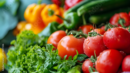 Fresh Organic Tomatoes and Bell Peppers with Greens Closeup