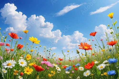 Beautiful view of a flower meadow in spring against blue sky © StockArtEmpire.AI