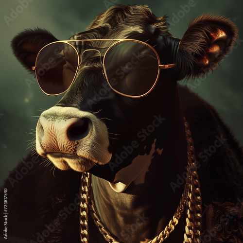 Funny cool cow with sunlases and chain photo