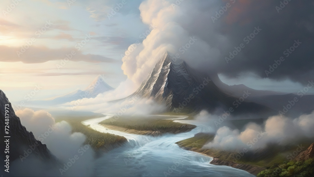 Fototapeta premium A river coming out of a mountain inside a cloud