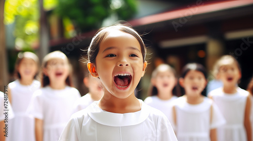 Happy little girl sings in the church children's choir. Front vocals in choir. photo
