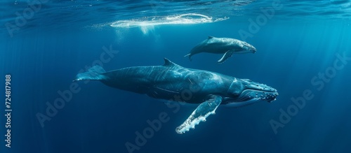 A stunning humpback whale mother and child swim together in the deep ocean.