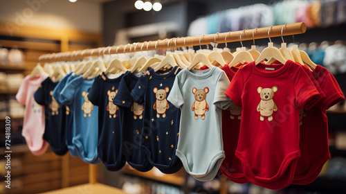baby bodysuits on hangers in a store photo