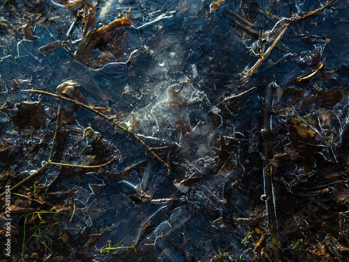 Textures of a frozen puddle, cracked ice on the ground. Beautiful frozen texture. Macro image for background.