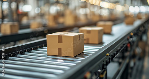 Closeup of multiple cardboard box packages seamlessly moving along a conveyor belt in a warehouse fulfillment center