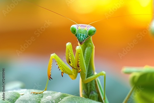 A mesmerizing macro shot of a majestic green praying mantis, resembling a cricketlike insect, captured in its natural outdoor habitat, showcasing the intricate beauty of this graceful arthropod as it © Pinklife