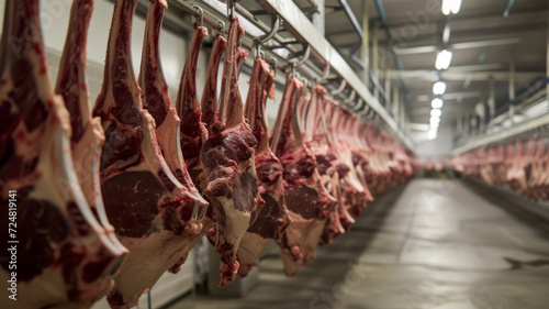 Refrigerated Hangar with Hanging Beef Carcasses in Meat Processing Plant photo