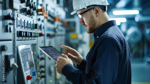 Engineer Using Tablet for Operational Control in Industrial Environment