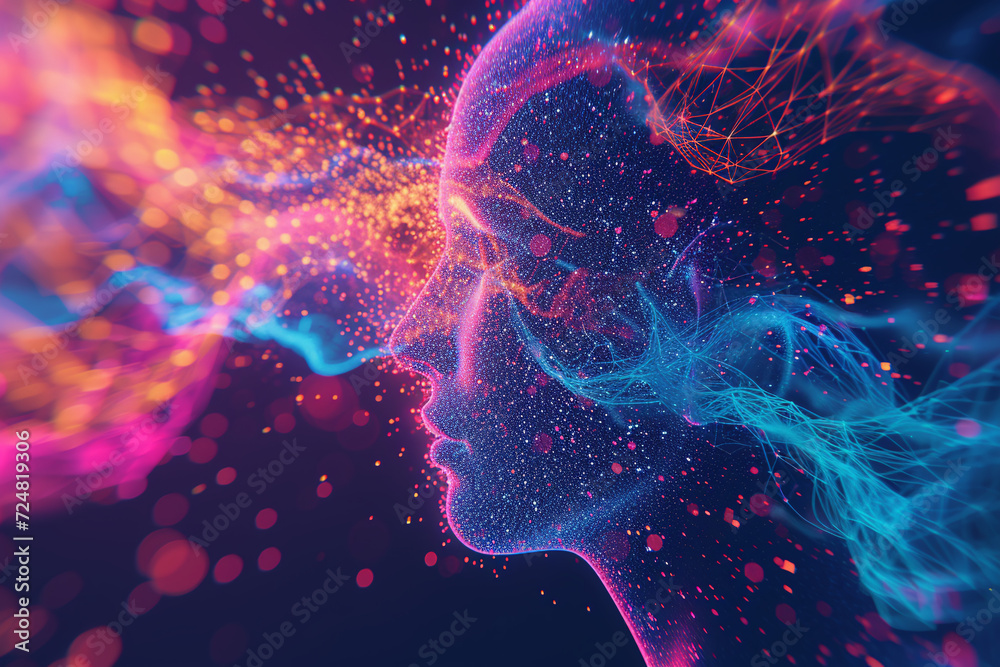 Conceptual visualization of a human head silhouette with a cosmic explosion of particles and energy in vibrant neon hues